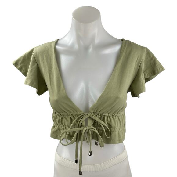 Princess Polly Green Short Sleeve Deep V Neck Tie Ruffle Blouse Crop Top Size 2 - Picture 1 of 4